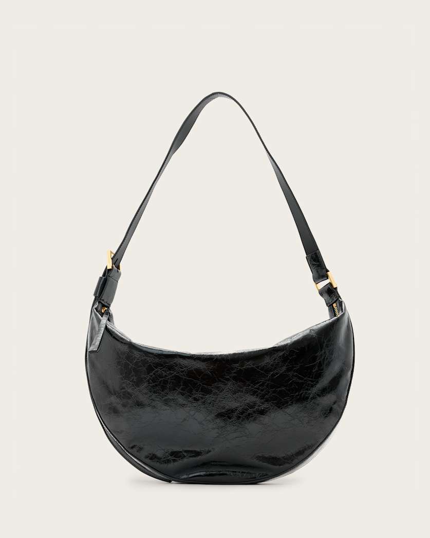 all saints Half Moon Leather Shoulder Bag Black Shine