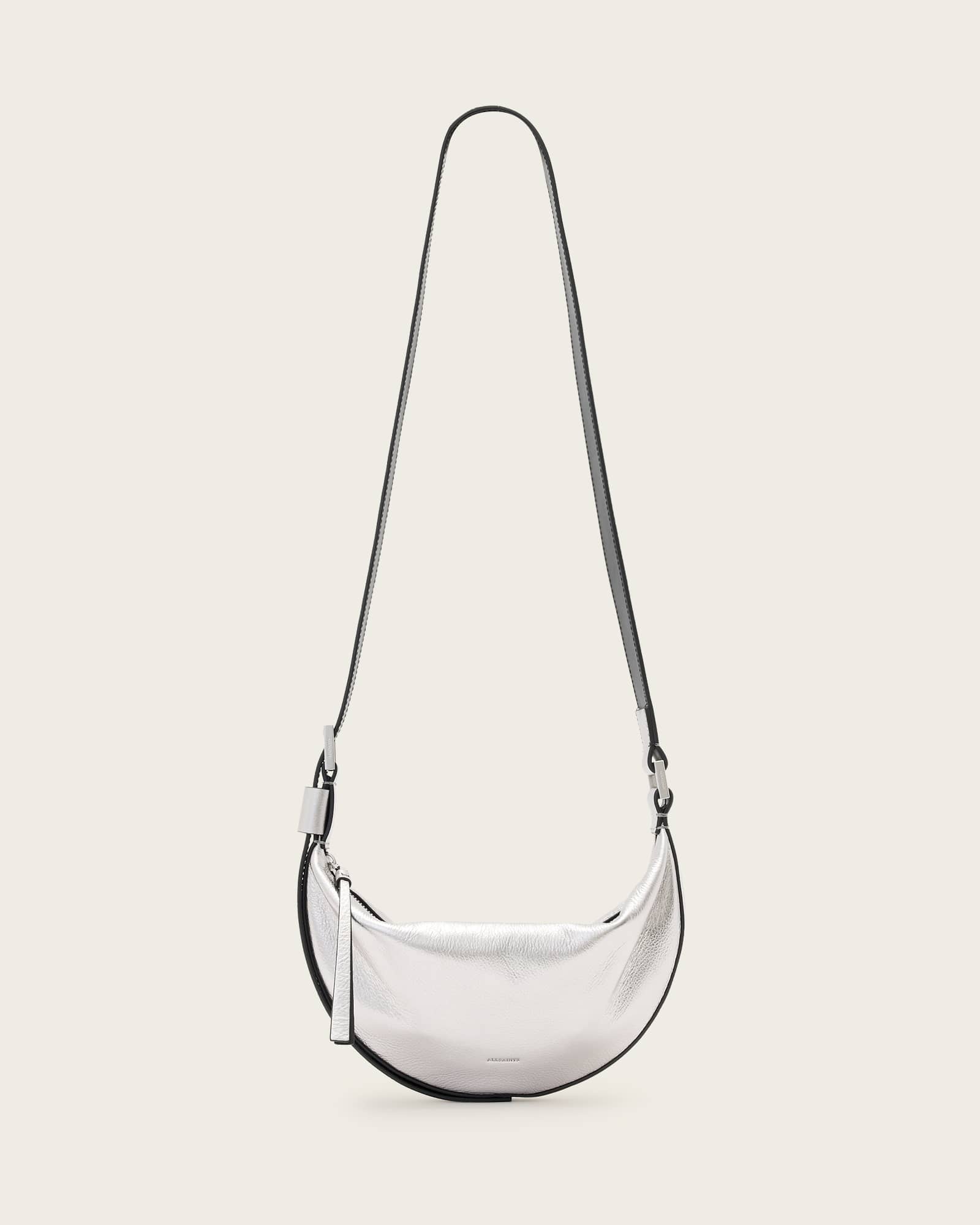 All Saints Half Moon Metallic Leather Crossbody Bag Silver
