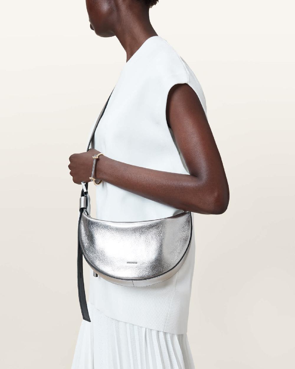 All Saints Half Moon Metallic Leather Crossbody Bag Silver