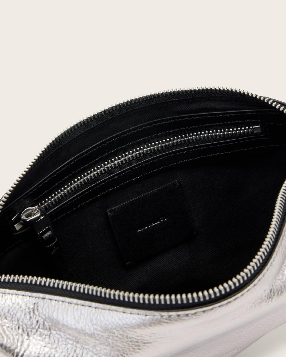 All Saints Half Moon Metallic Leather Crossbody Bag Silver