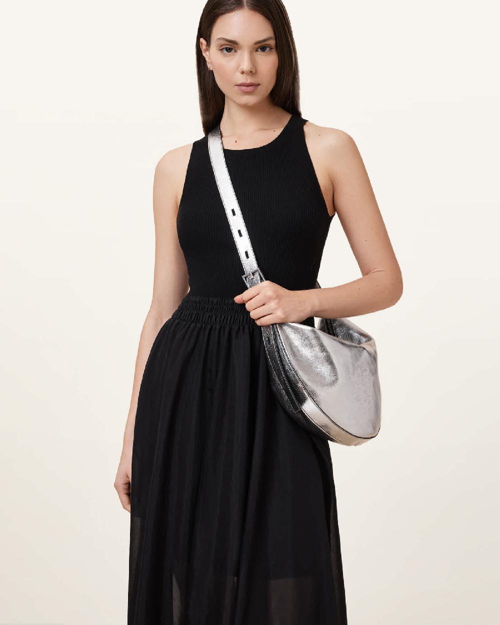 All Saints Half Moon Metallic Leather Crossbody Bag Silver