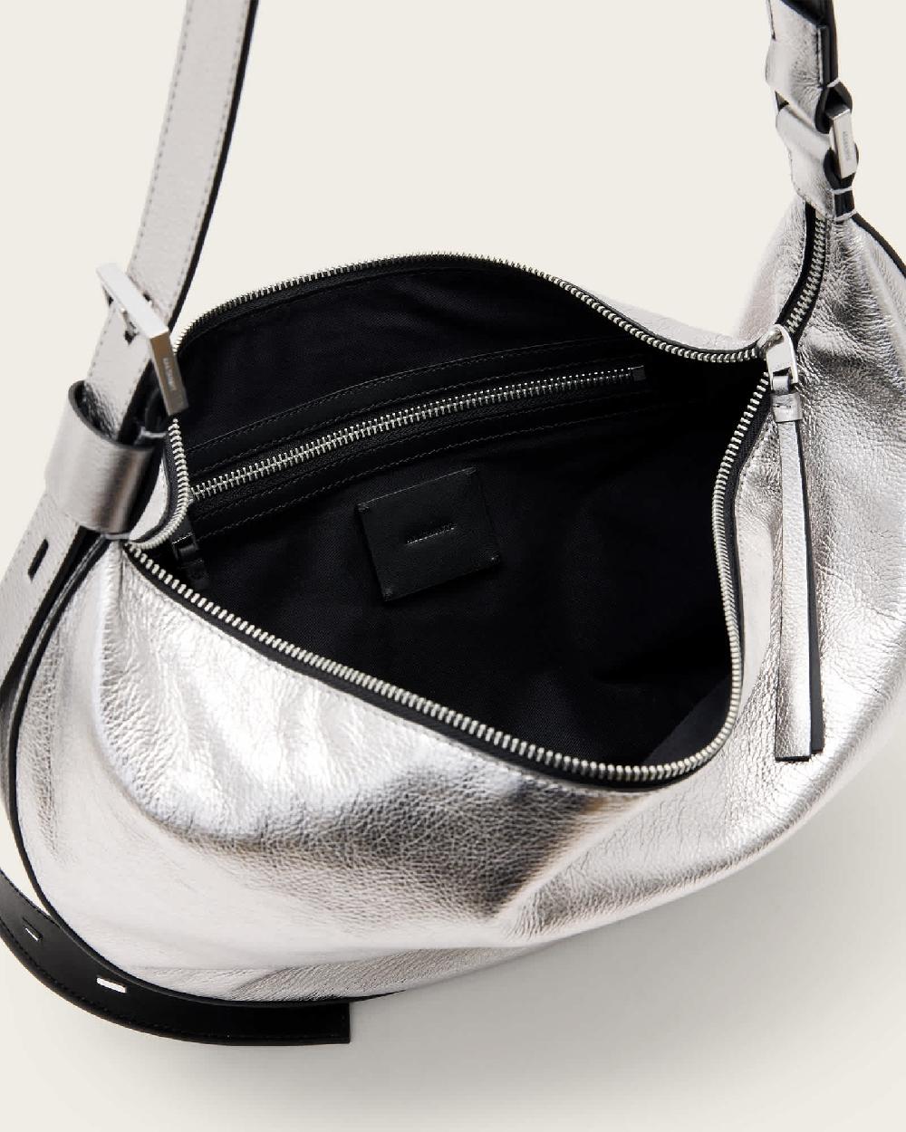 All Saints Half Moon Metallic Leather Crossbody Bag Silver