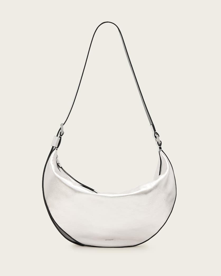 all saints Half Moon Metallic Leather Crossbody Bag Silver