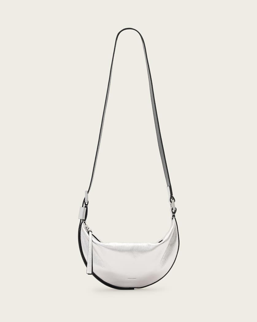 all saints Half Moon Metallic Leather Crossbody Bag Silver