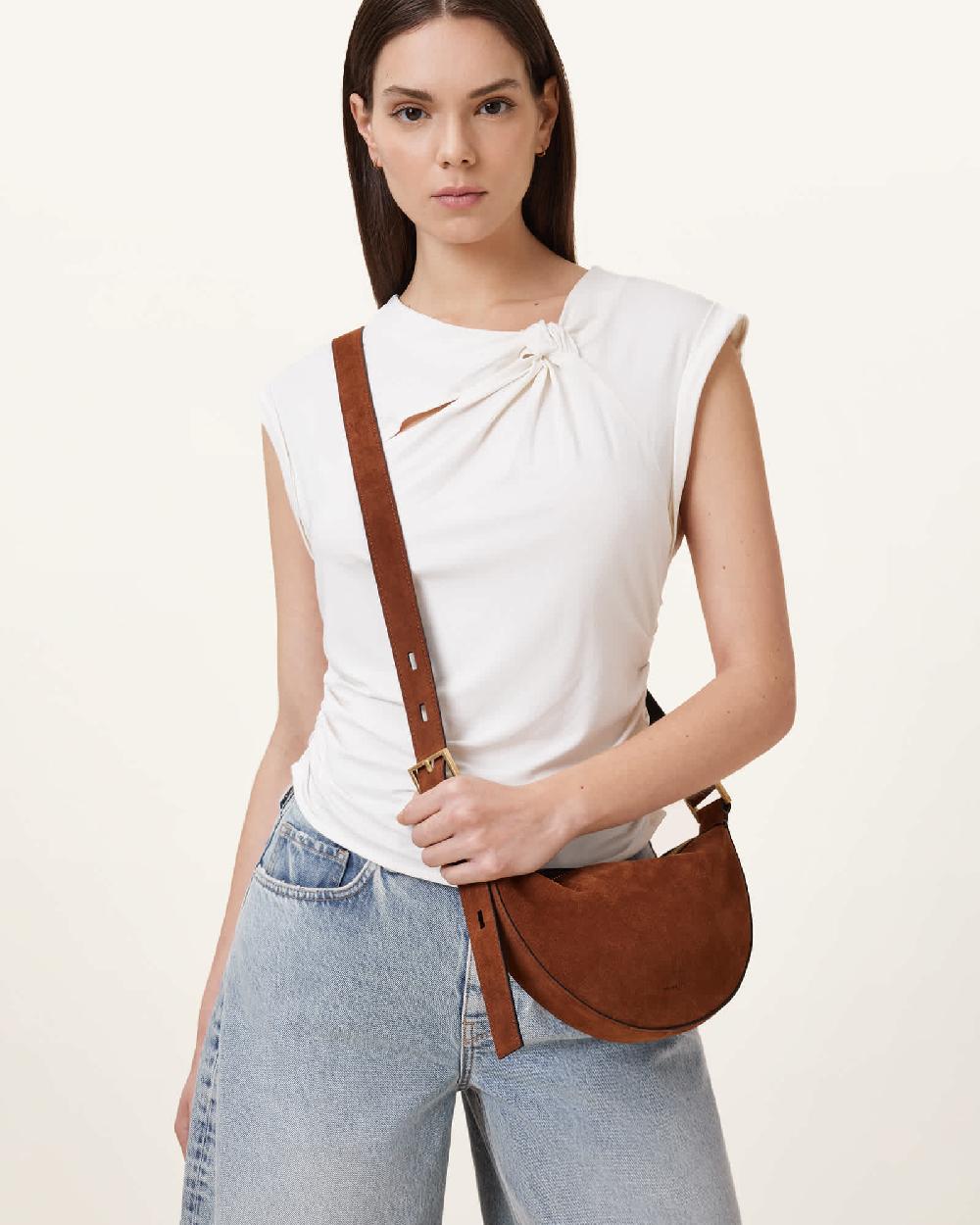 All Saints Half Moon Suede Crossbody Bag Cognac Brown