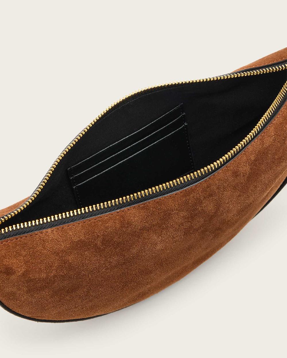 All Saints Half Moon Suede Crossbody Bag Cognac Brown