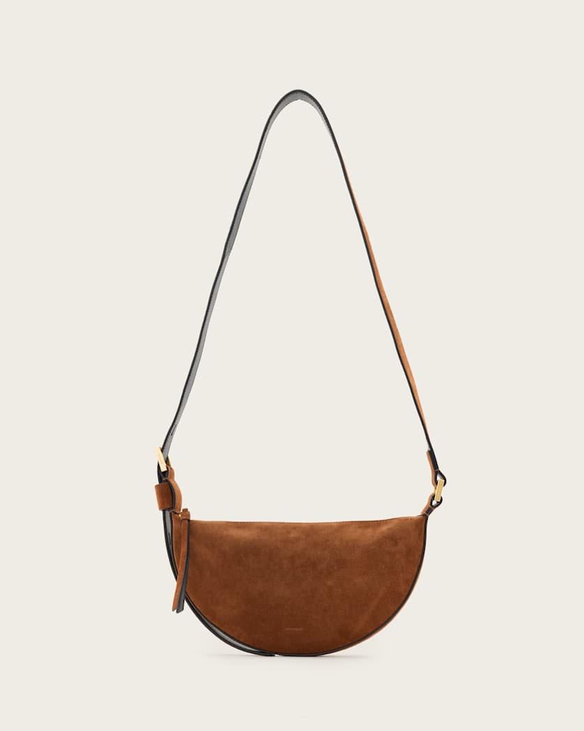 all saints Half Moon Suede Crossbody Bag Cognac Brown