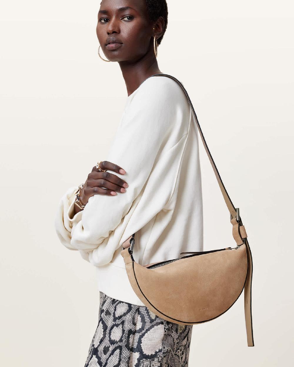 All Saints Half Moon Suede Crossbody Bag Mink Brown