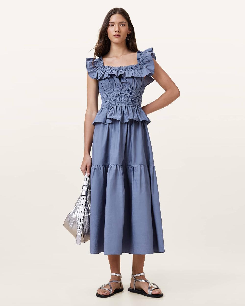 All Saints Halia Maxi Cotton Dress Flint Stone Blue