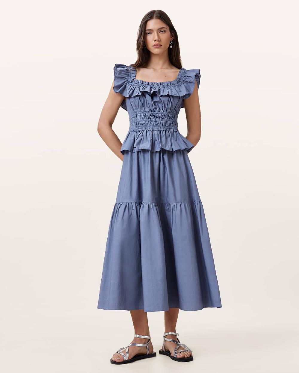 All Saints Halia Maxi Cotton Dress Flint Stone Blue