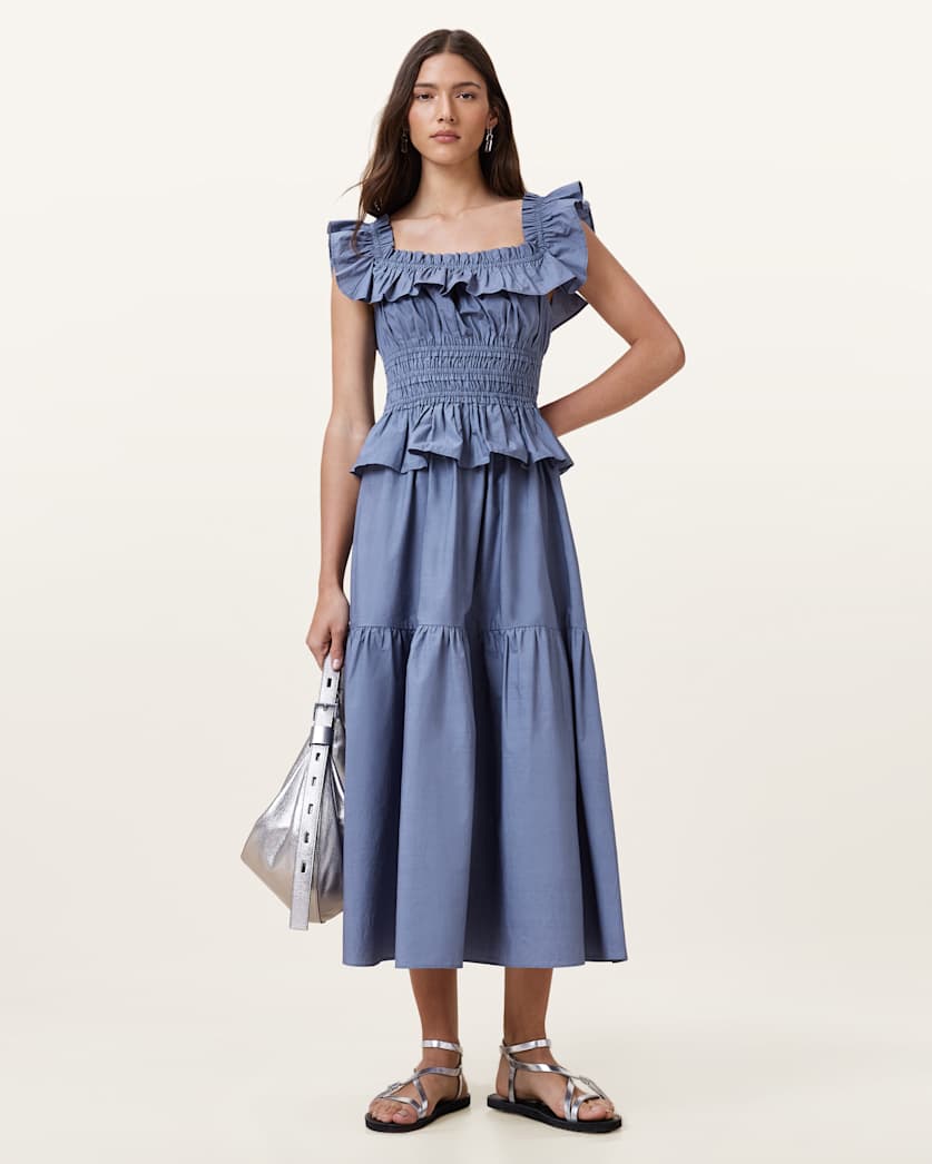 all saints Halia Maxi Cotton Dress Flint Stone Blue