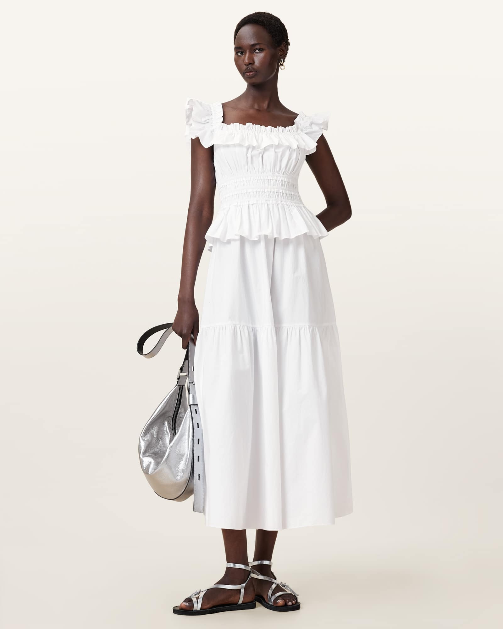 All Saints Halia Ruffled Cotton Maxi Dress Optic White