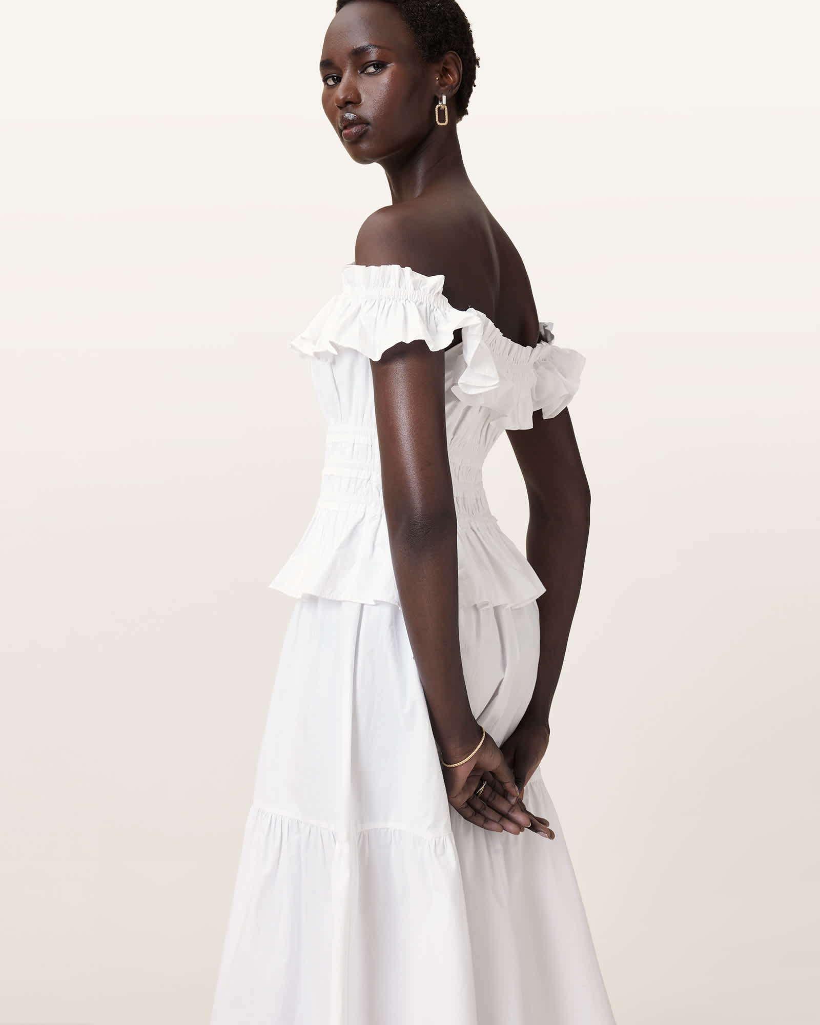 All Saints Halia Ruffled Cotton Maxi Dress Optic White