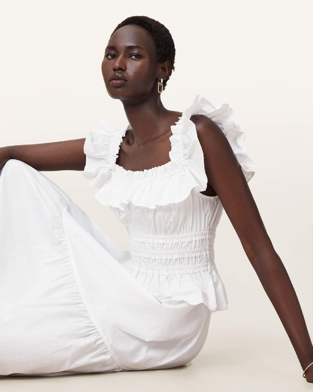 All Saints Halia Ruffled Cotton Maxi Dress Optic White