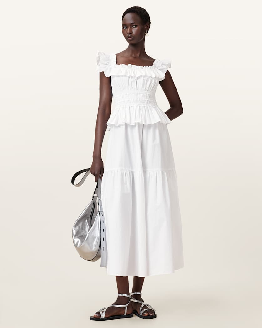 all saints Halia Ruffled Cotton Maxi Dress Optic White