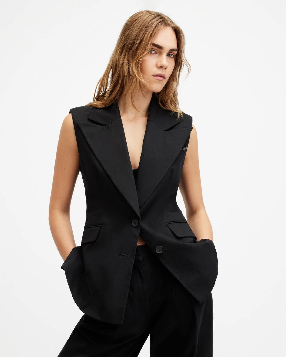 All Saints Hally Fitted Waist Sleeveless Blazer Black