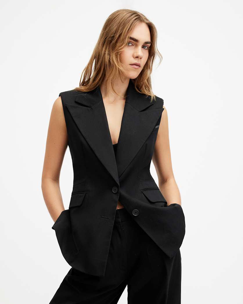 all saints Hally Fitted Waist Sleeveless Blazer Black