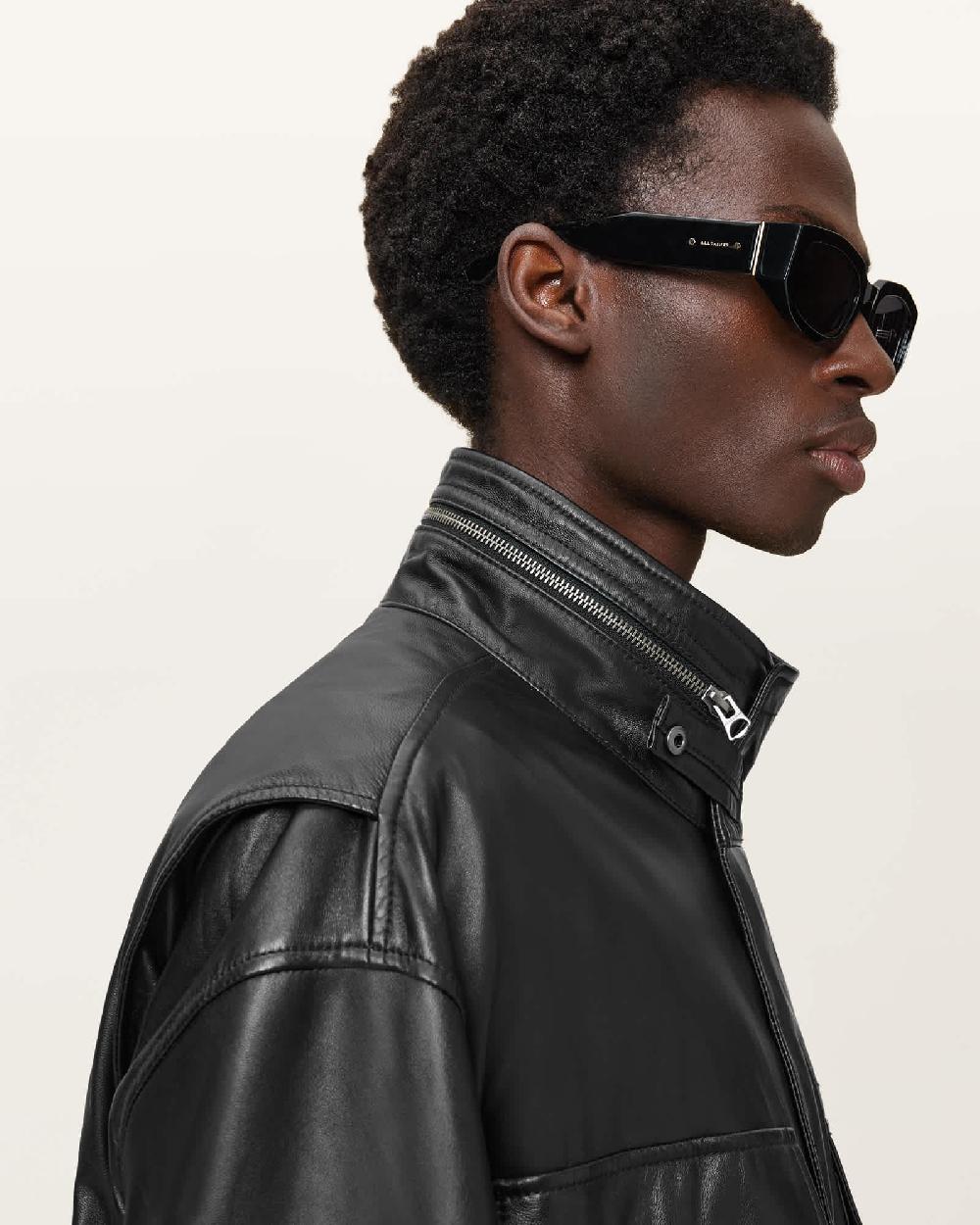 All Saints Halton Funnel Collar Leather Jacket Black