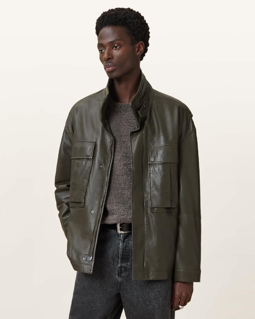 All Saints Halton Funnel Collar Leather Jacket Military Green