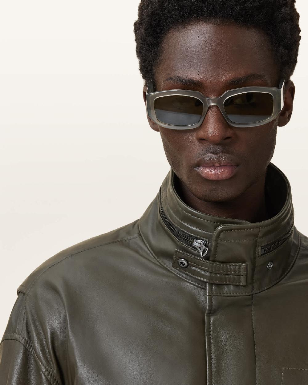 All Saints Halton Funnel Collar Leather Jacket Military Green