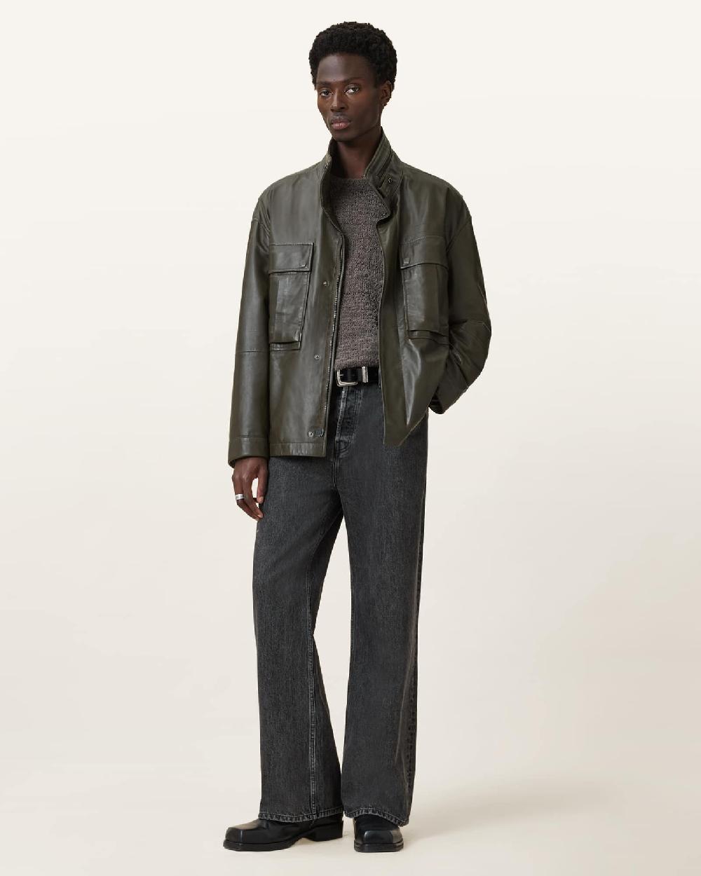 All Saints Halton Funnel Collar Leather Jacket Military Green