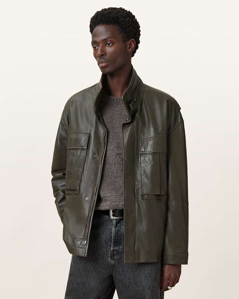 all saints Halton Funnel Collar Leather Jacket Military Green