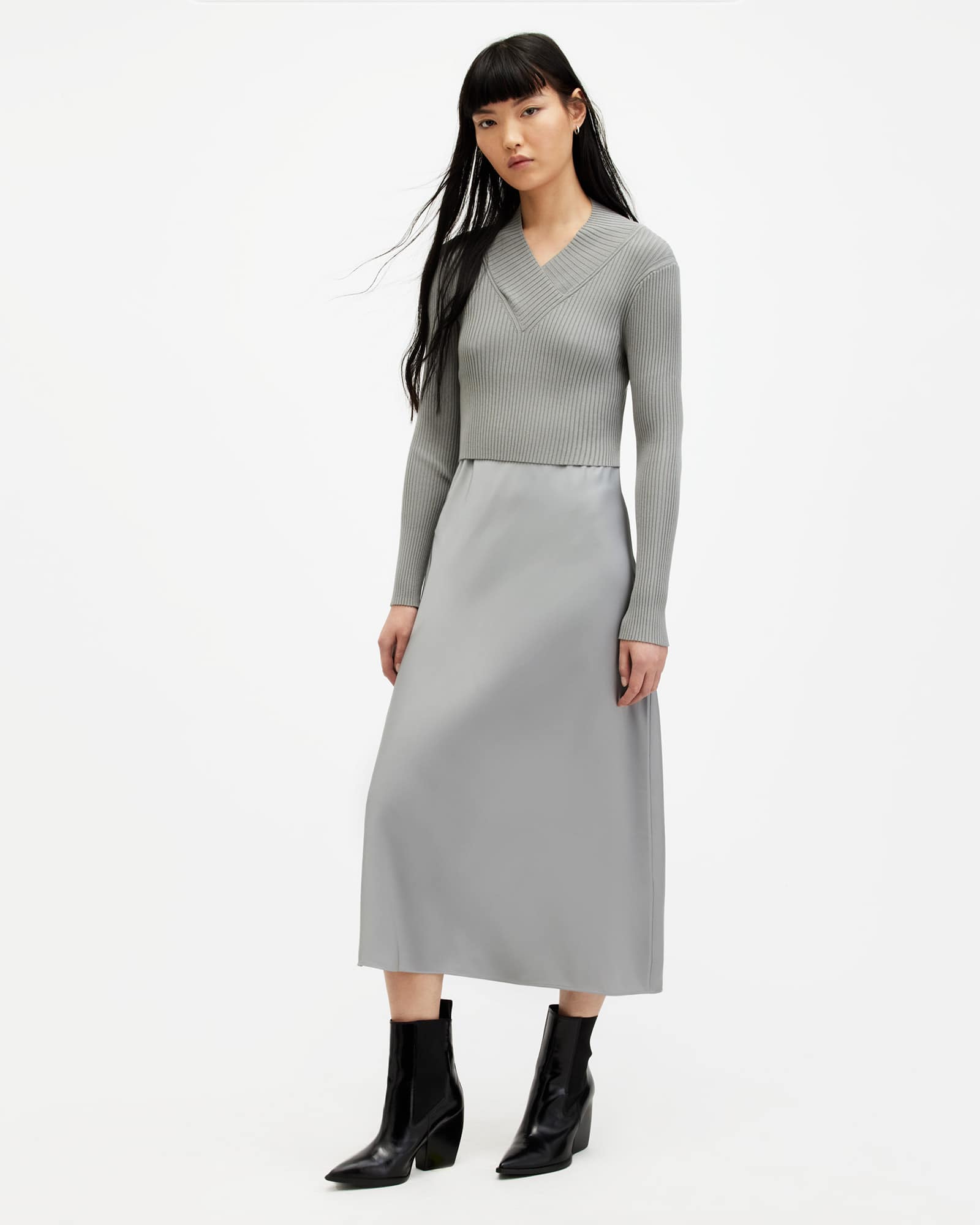 All Saints Hana 2-In 1 Slim Fit Midi Slip Dress Ultimate Grey
