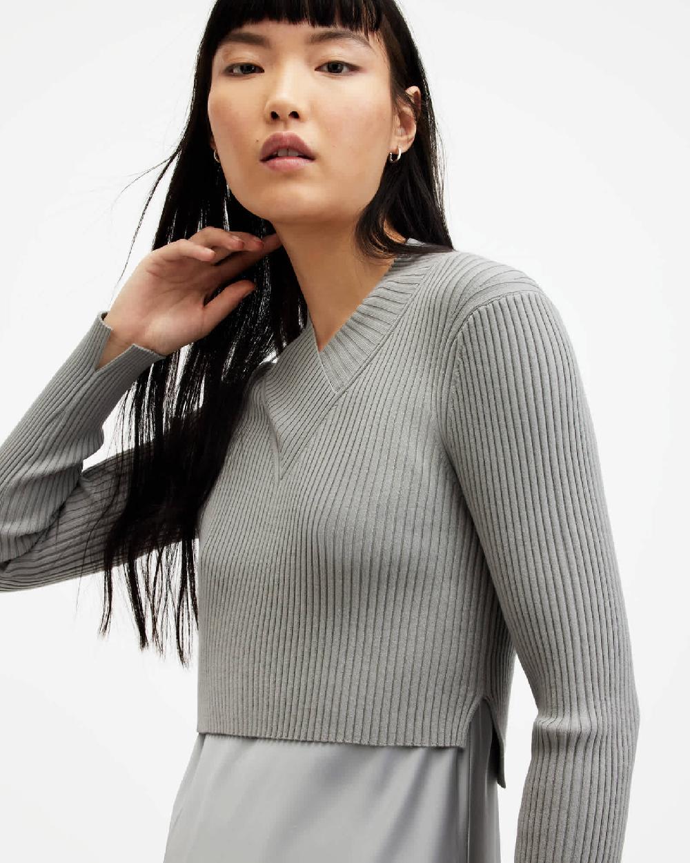 All Saints Hana 2-In 1 Slim Fit Midi Slip Dress Ultimate Grey