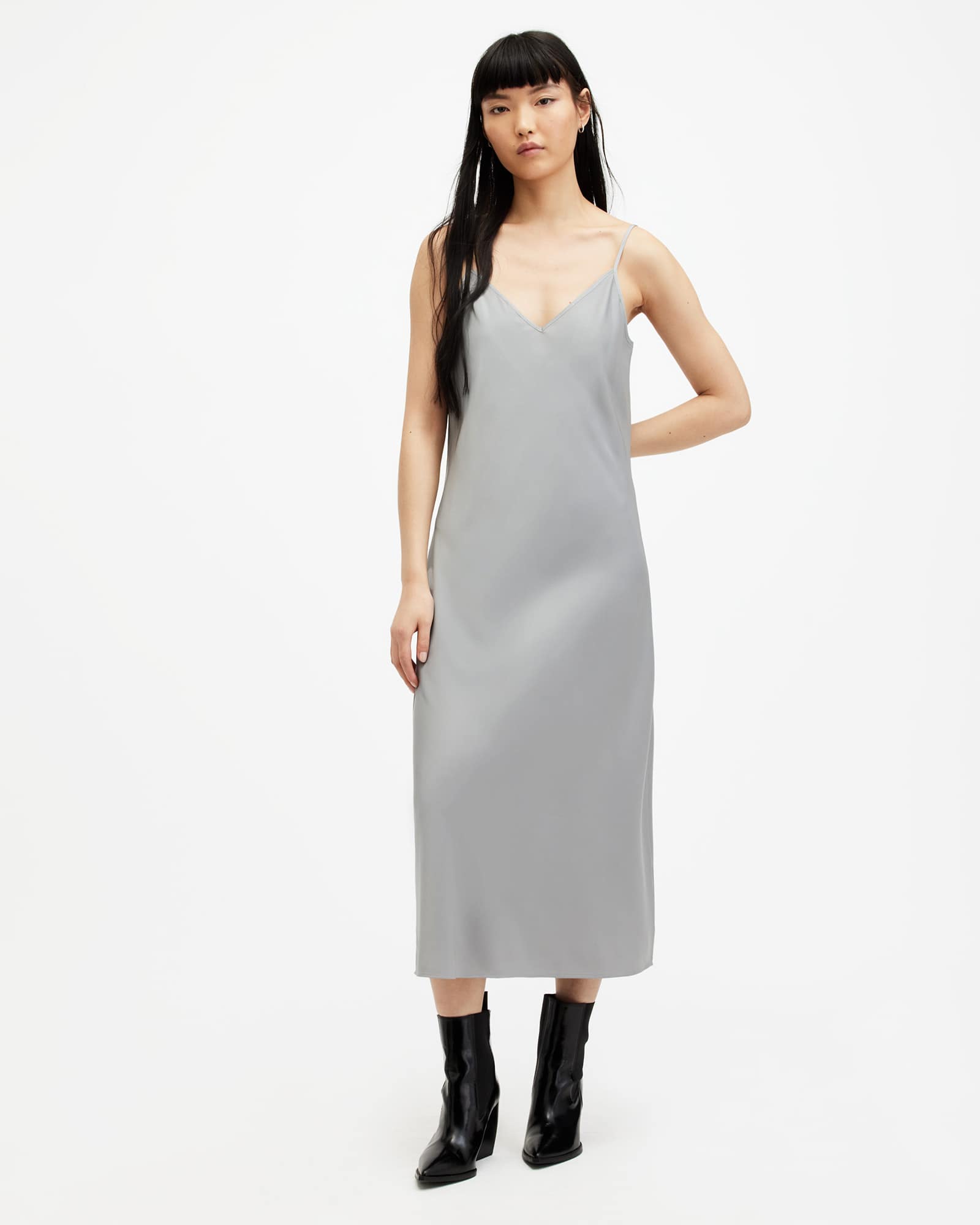 All Saints Hana 2-In 1 Slim Fit Midi Slip Dress Ultimate Grey