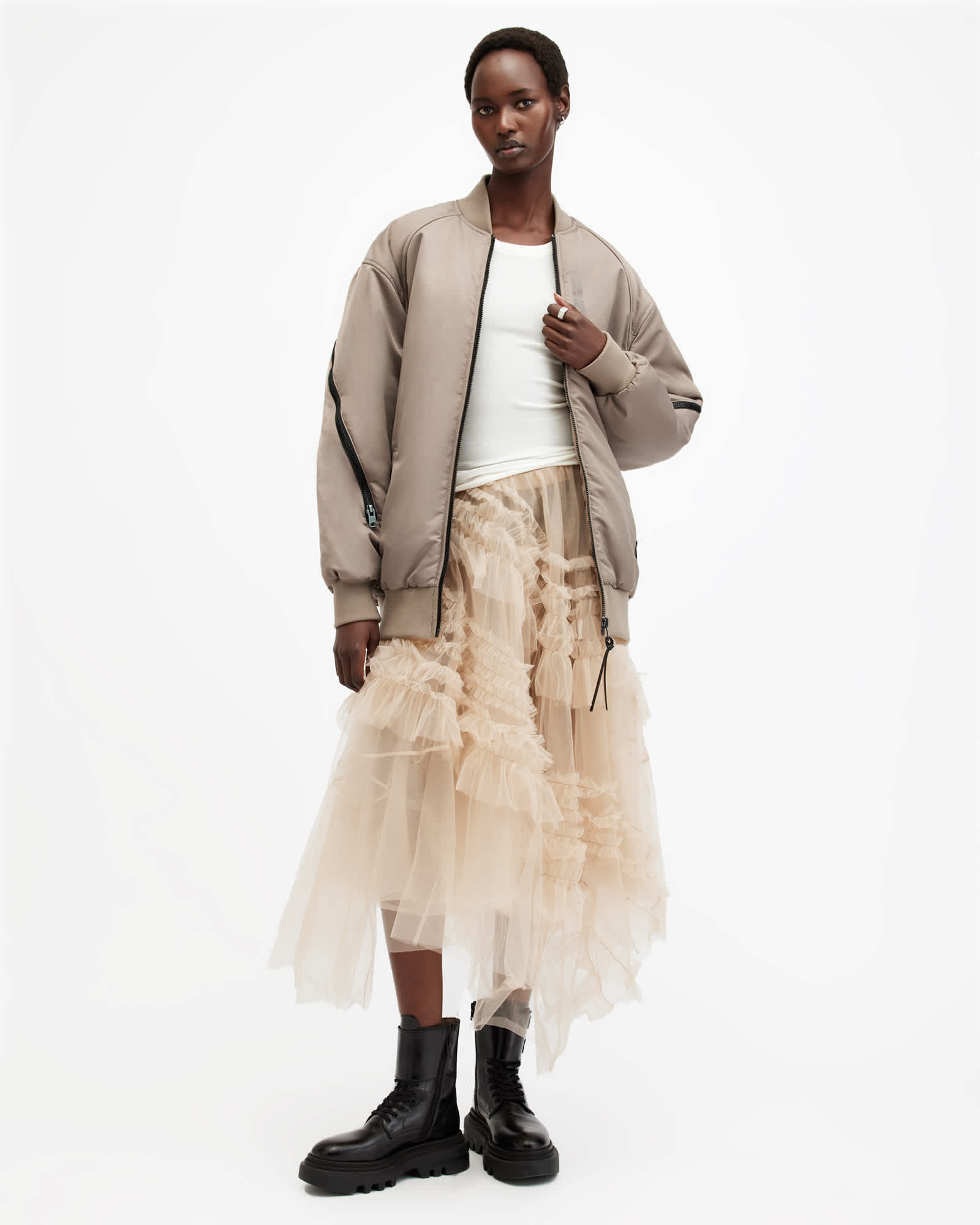 All Saints Hanaa Oversized Bomber Jacket Nougat Taupe