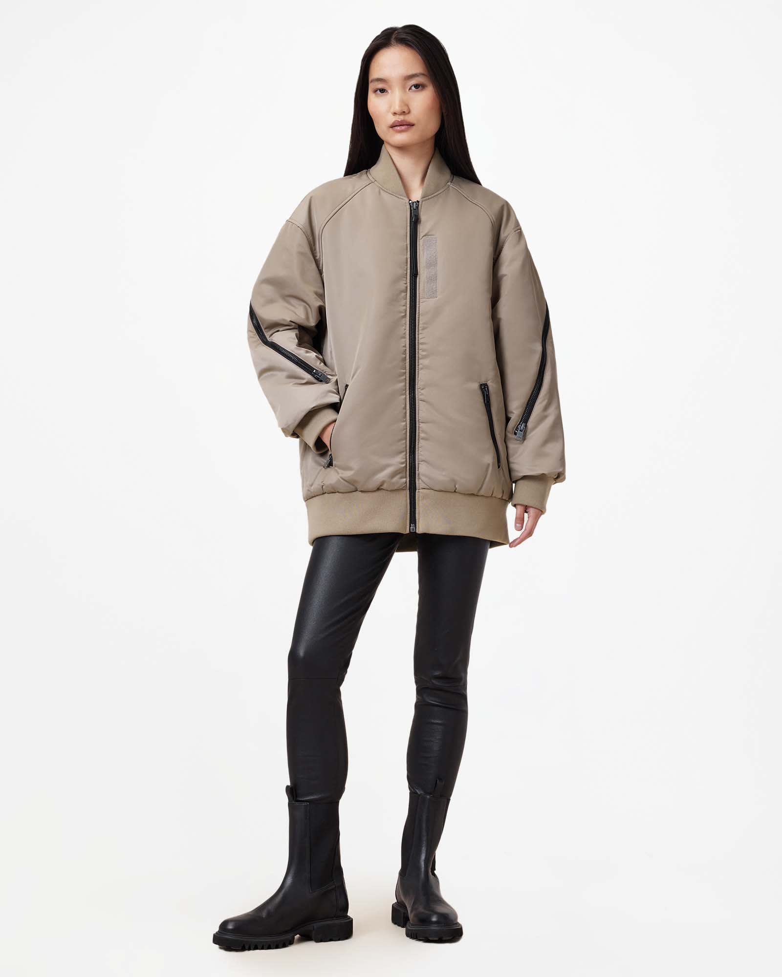 All Saints Hanaa Oversized Bomber Jacket Nougat Taupe