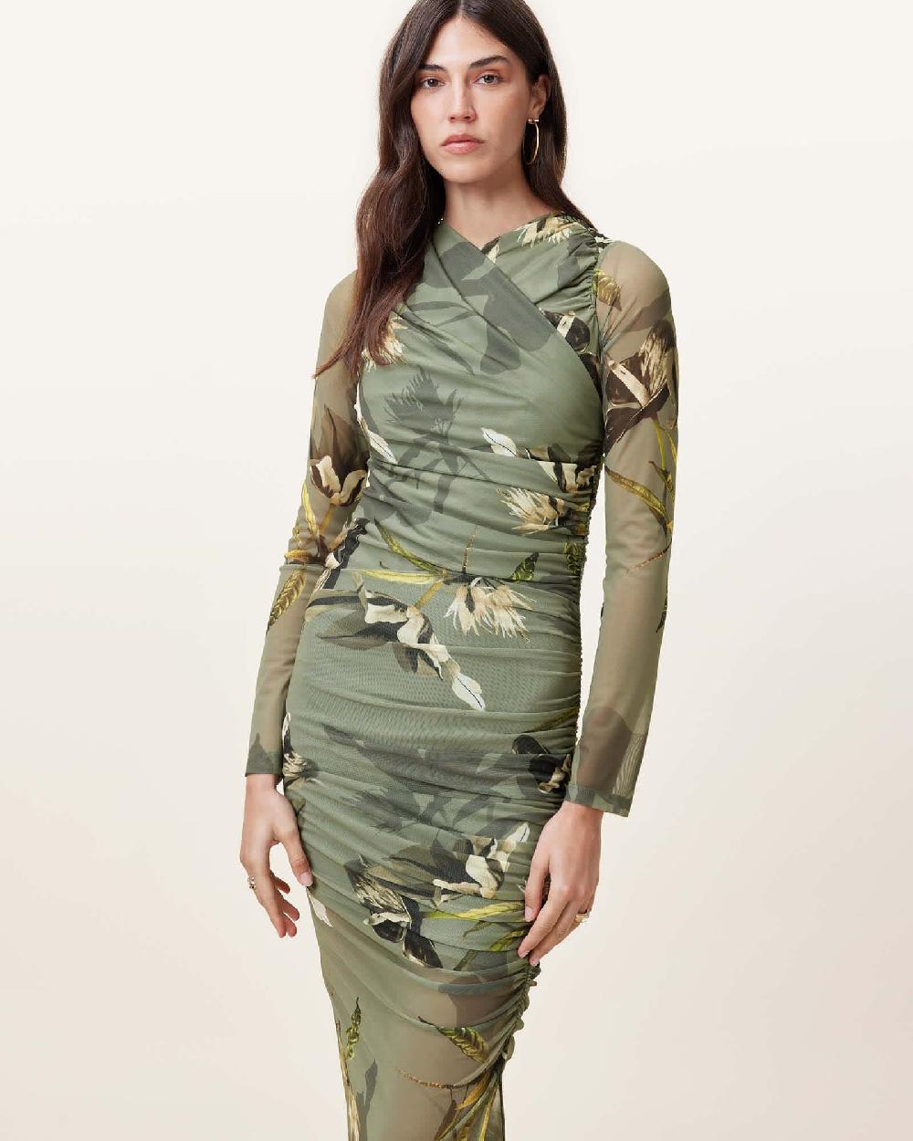 All Saints Hanako Print Mesh Wrap Maxi Dress Emerge Olive Green