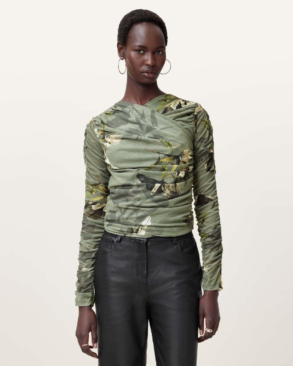 All Saints Hanako Print Mesh Wrap Top Emerge Olive Green