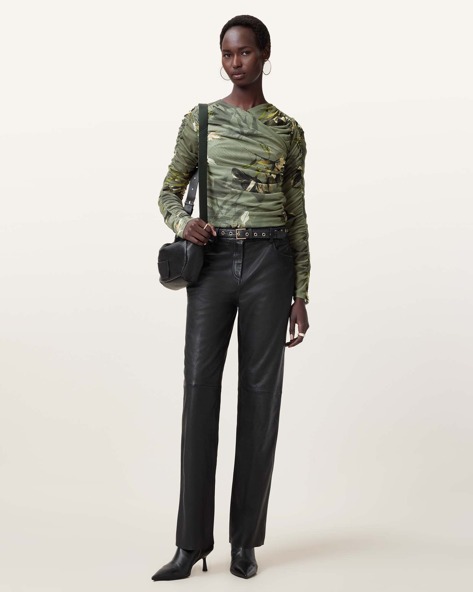 All Saints Hanako Print Mesh Wrap Top Emerge Olive Green