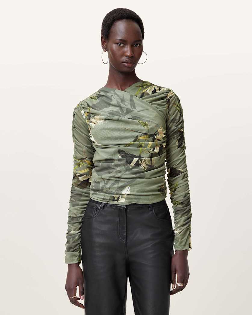 all saints Hanako Print Mesh Wrap Top Emerge Olive Green