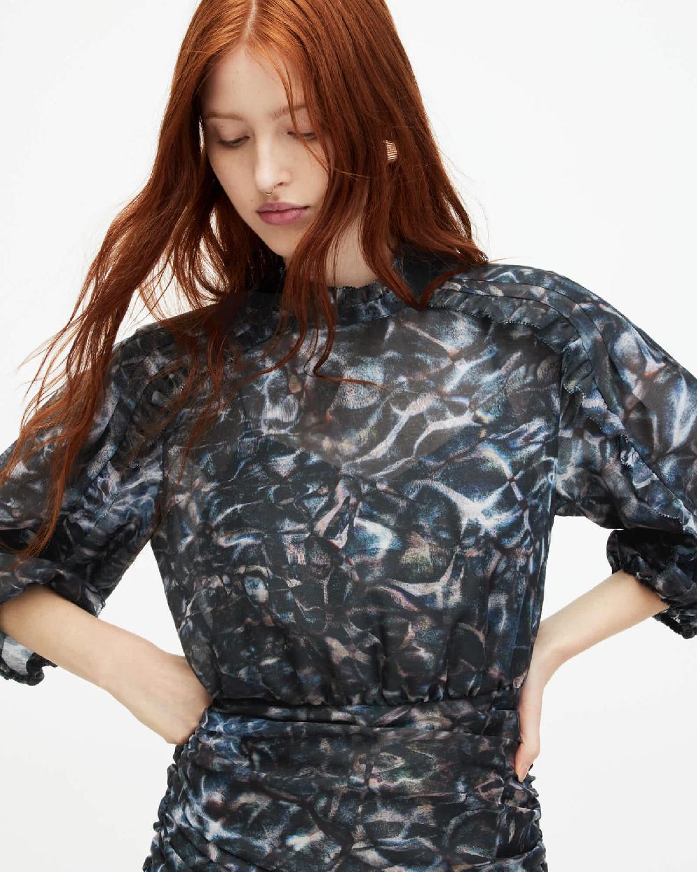 All Saints Harlee Caladesi Print Ruffle Mini Dress Petrol Blue