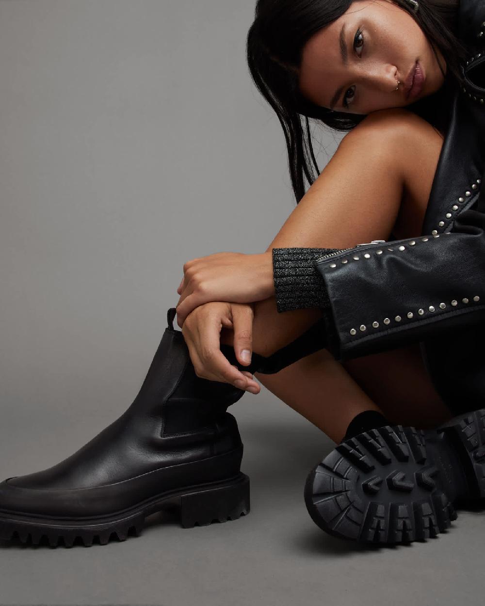 All Saints Harlee Chunky Leather Slip On Boots Black