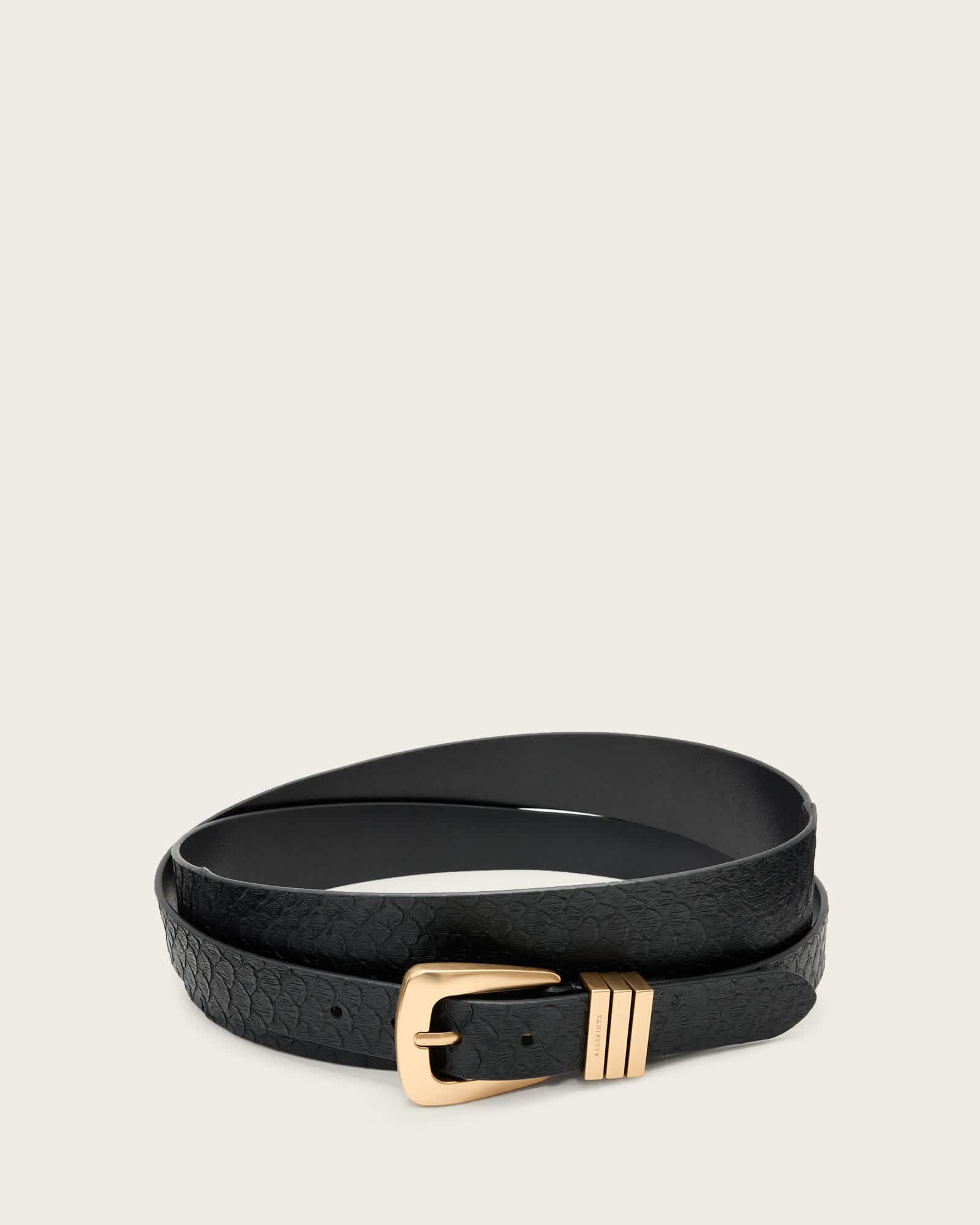 All Saints Harper Snake Effect Leather Belt BLACK/WARM BRASS