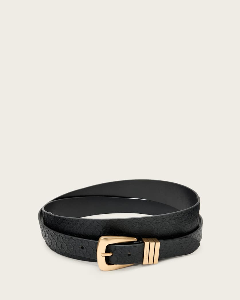 all saints Harper Snake Effect Leather Belt BLACK/WARM BRASS