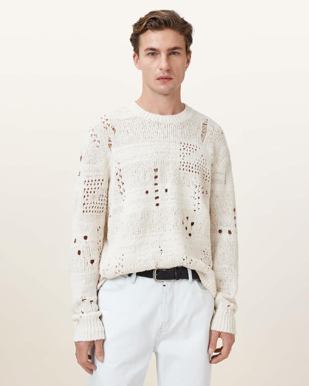 All Saints Harvey Distressed Crew Neck Jumper Ecru White