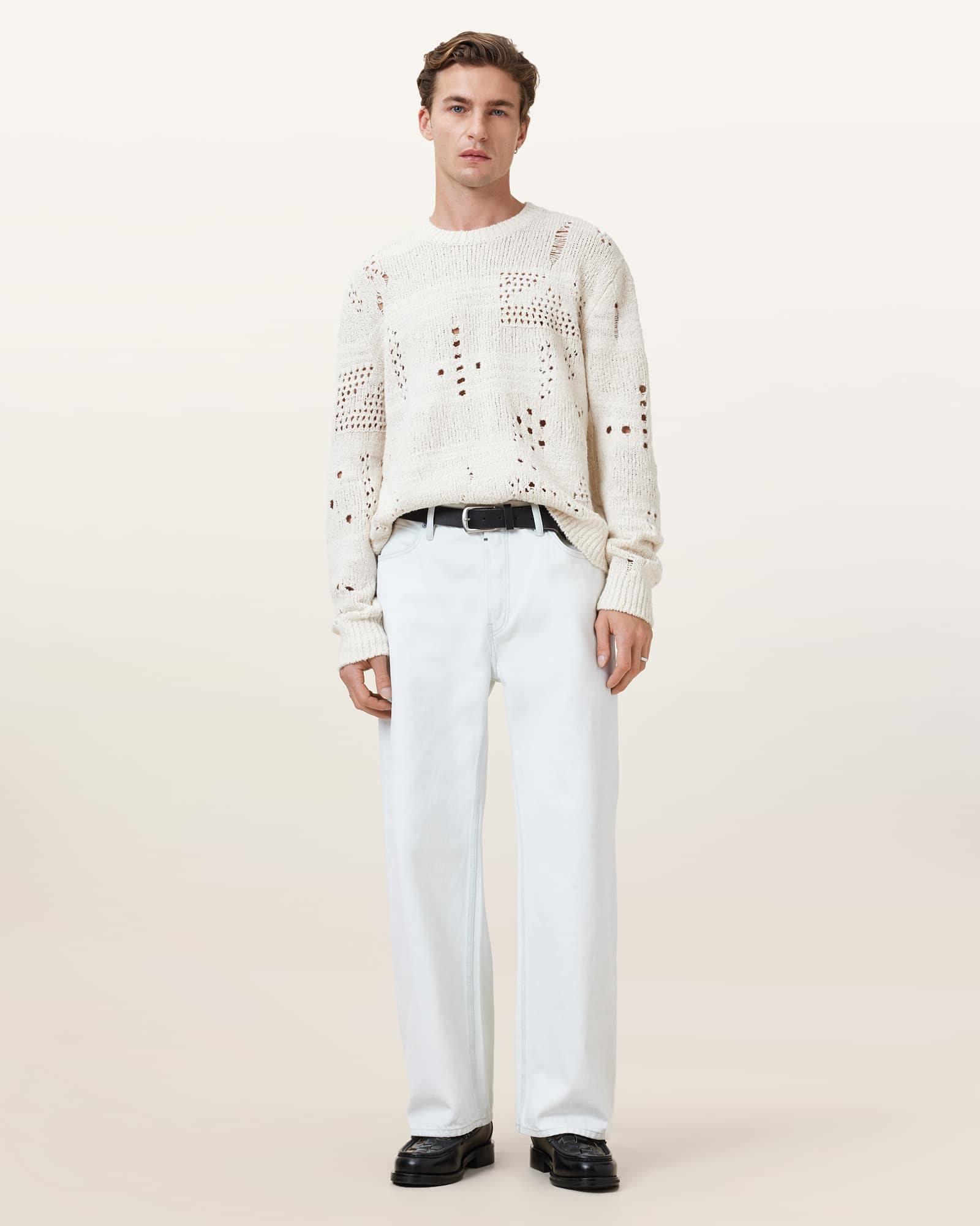 All Saints Harvey Distressed Crew Neck Jumper Ecru White