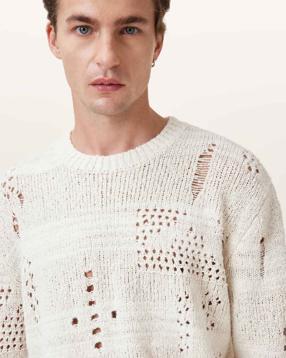 All Saints Harvey Distressed Crew Neck Jumper Ecru White