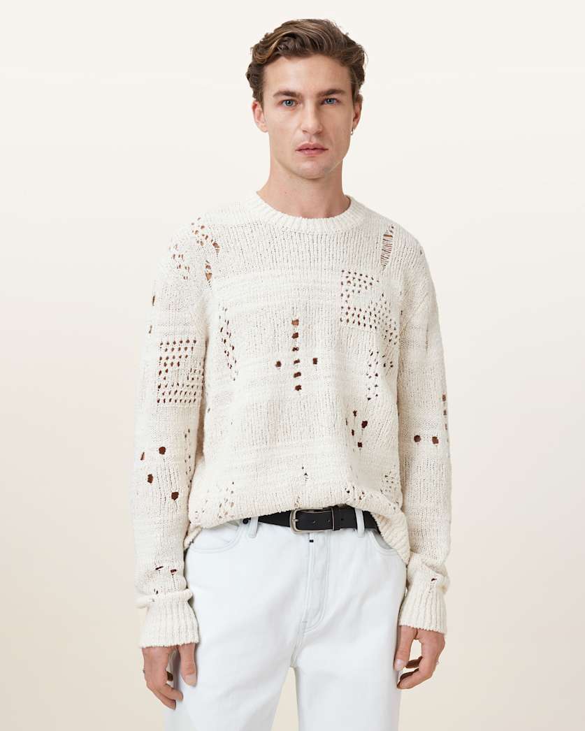 all saints Harvey Distressed Crew Neck Jumper Ecru White