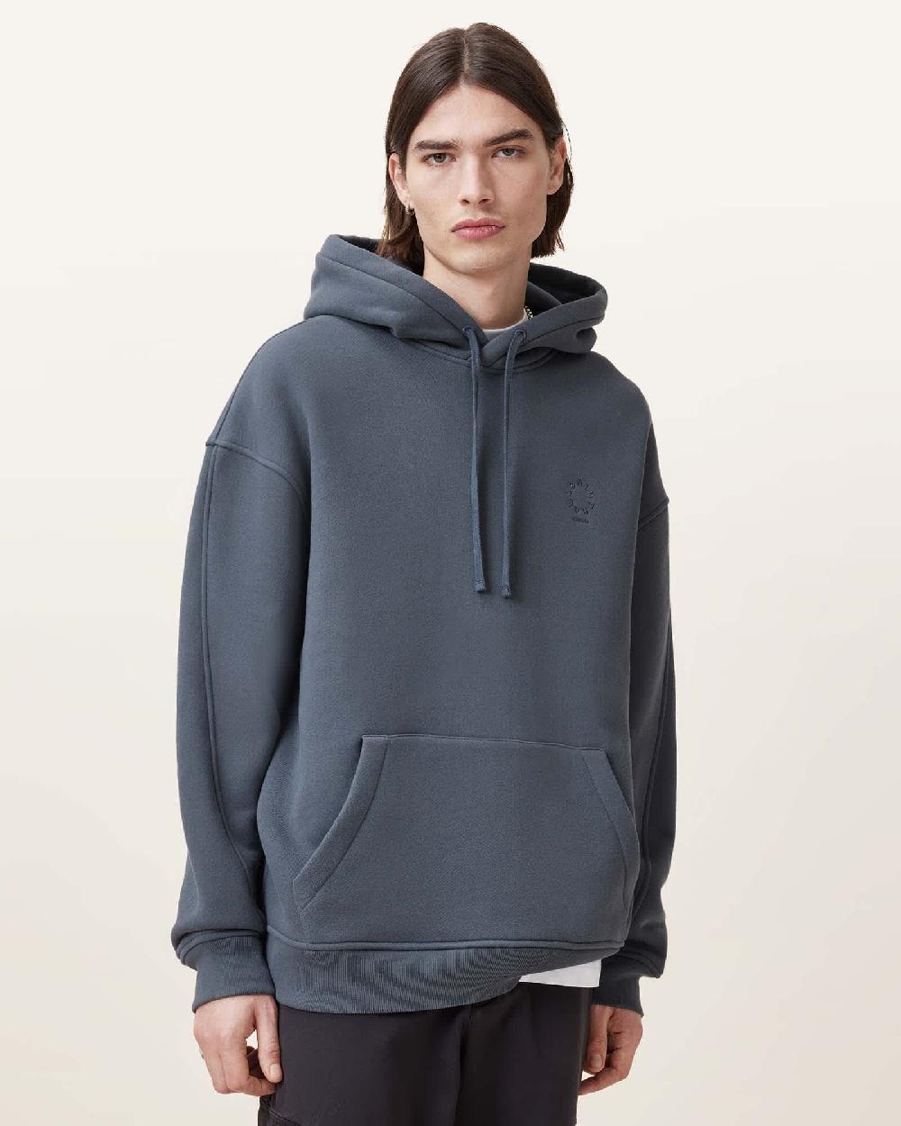 All Saints Haven Embroidered Logo Oversized Hoodie Pitched Blue