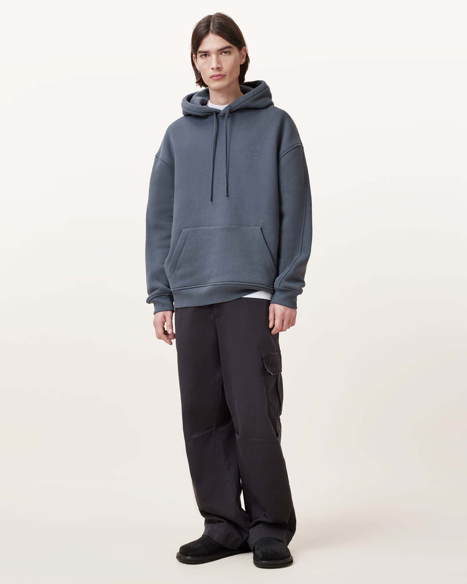 All Saints Haven Embroidered Logo Oversized Hoodie Pitched Blue
