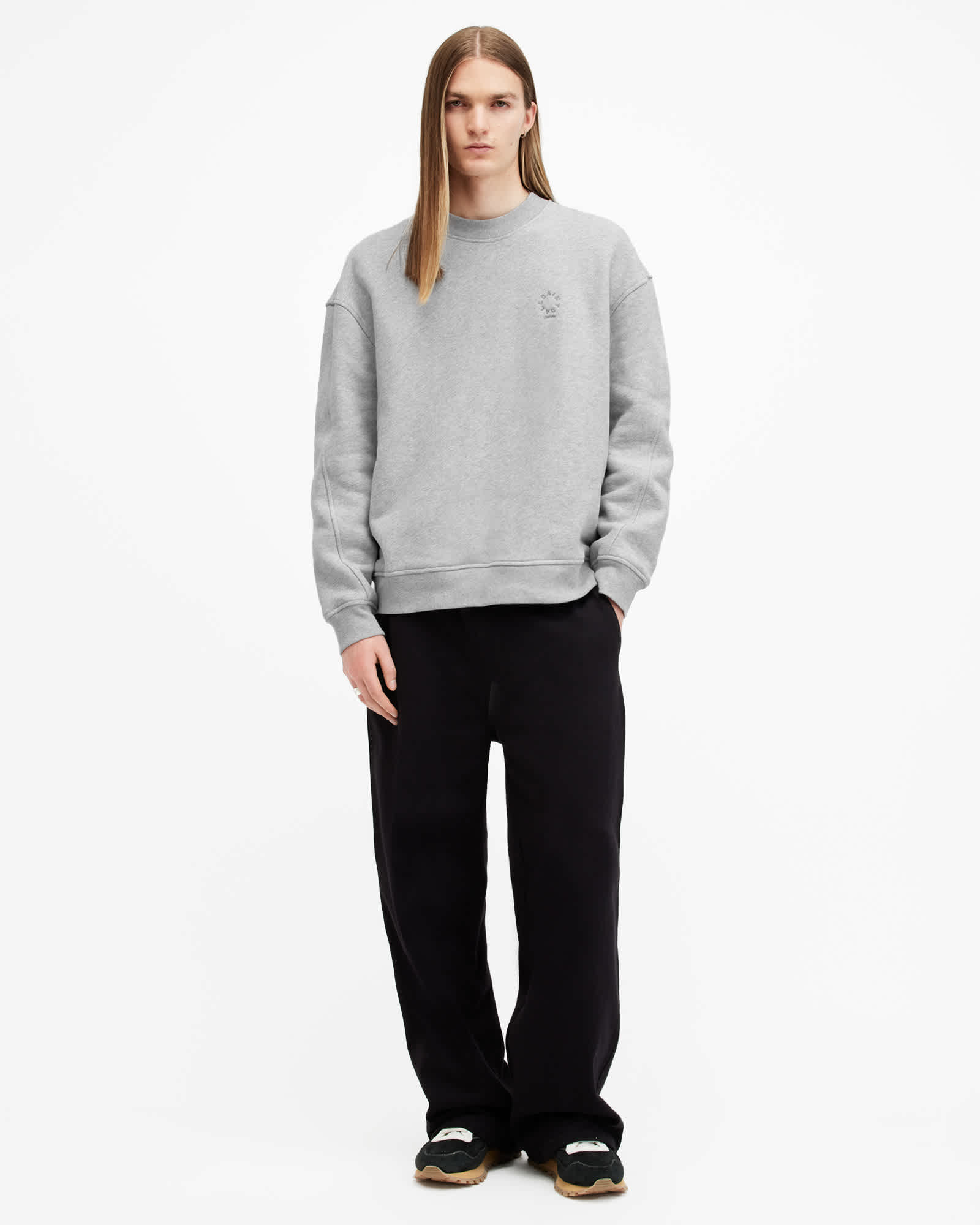 All Saints Haven Embroidered Logo Oversized Sweatshirt Grey Marl