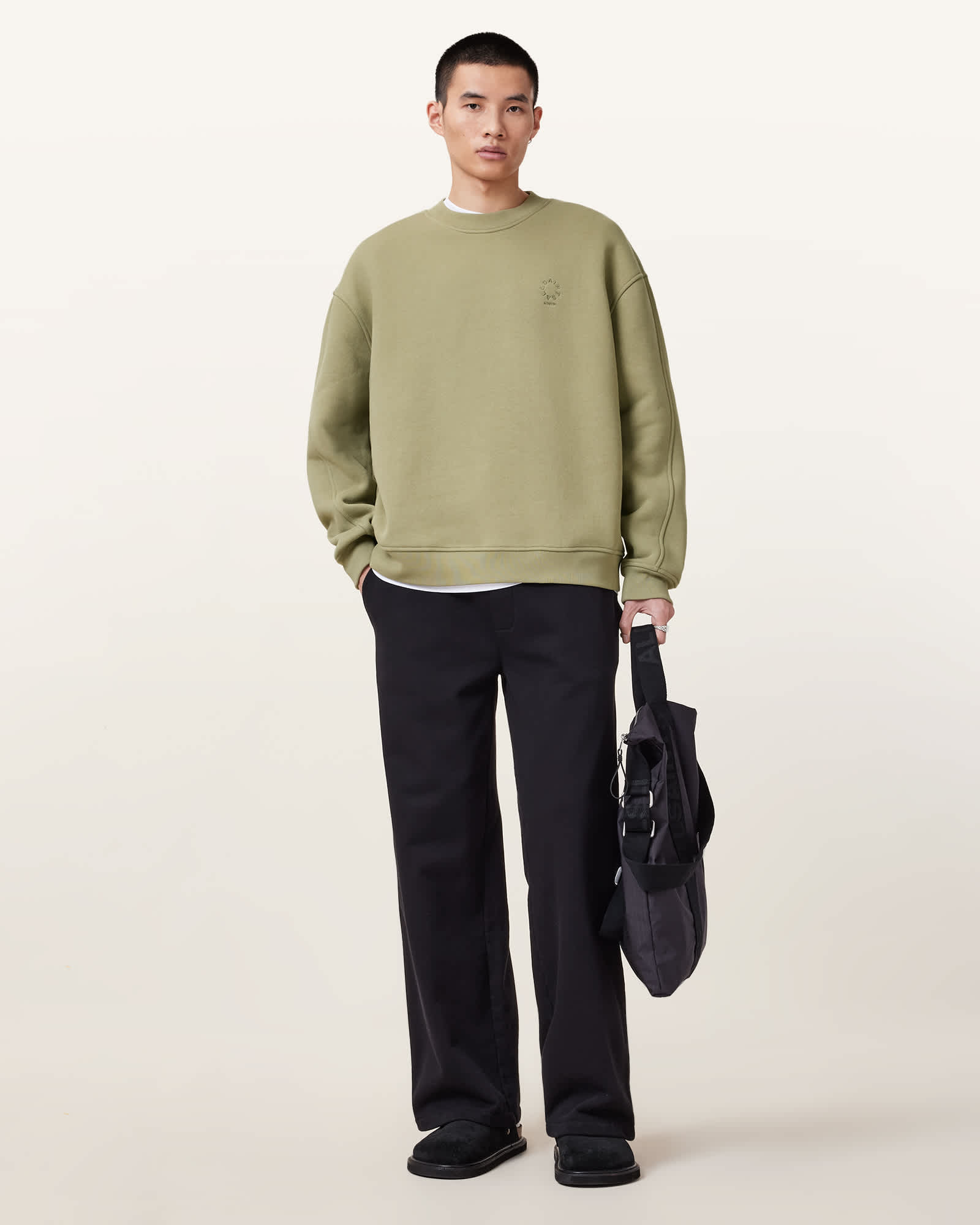 All Saints Haven Embroidered Logo Oversized Sweatshirt LIGHT ASH GREEN