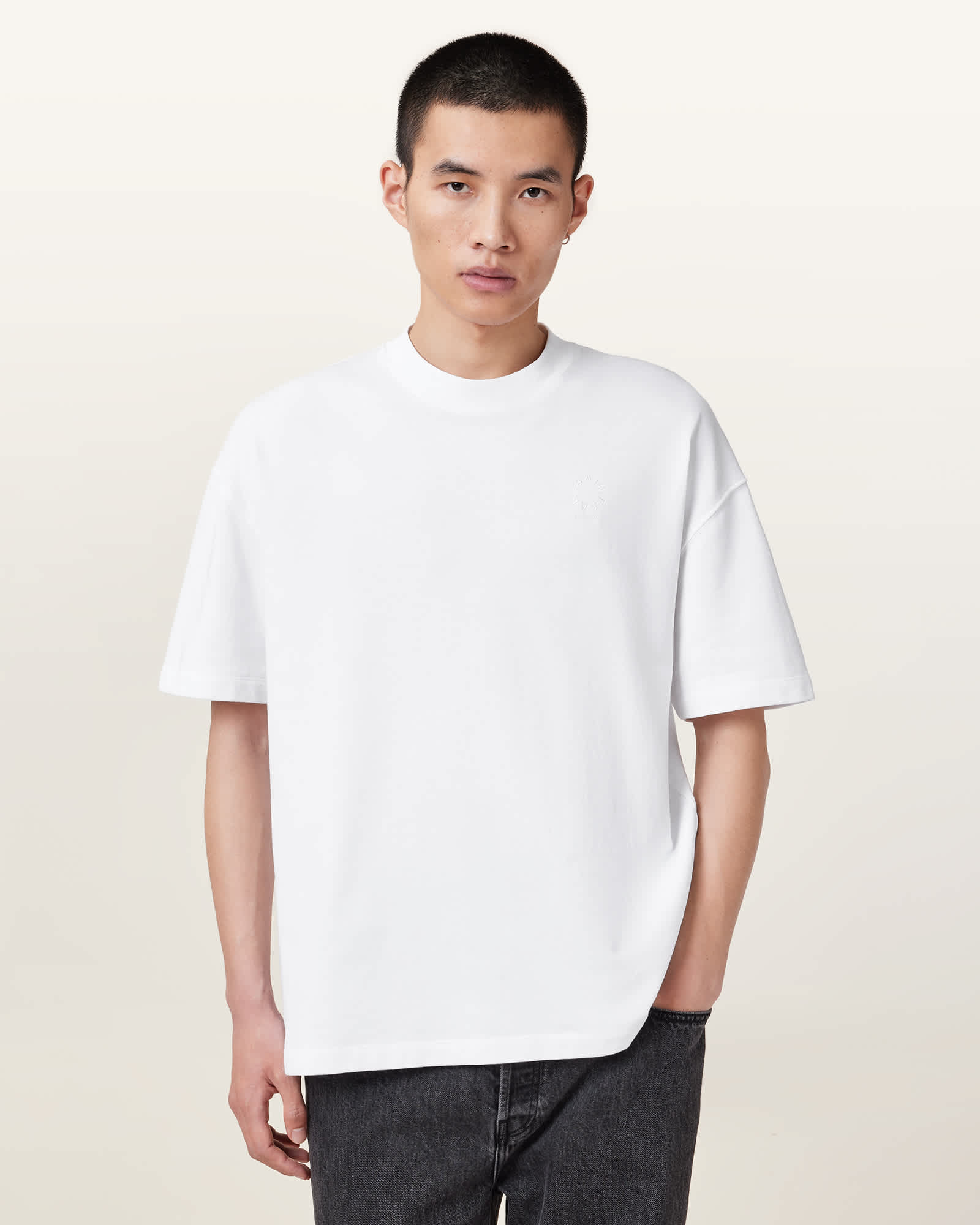 All Saints Haven Embroidered Logo Oversized T-Shirt Optic White