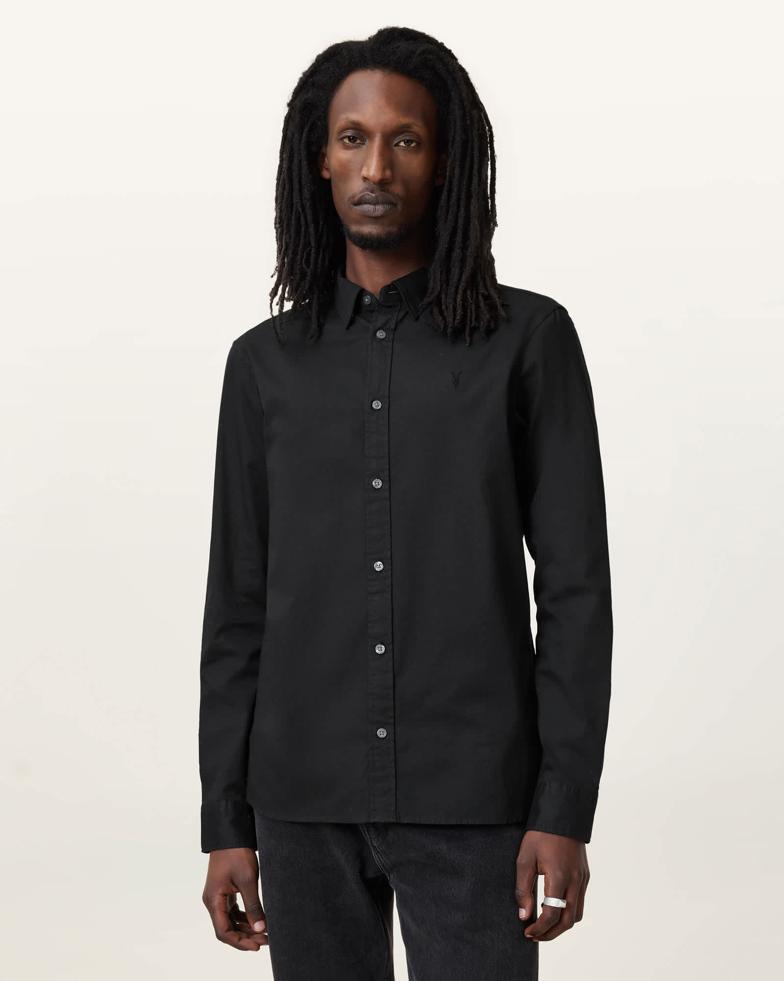 All Saints Hawthorne Ramskull Stretch Fit Shirt Black