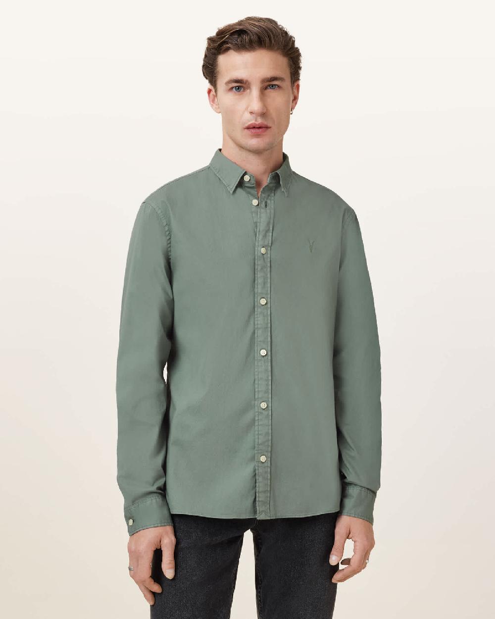 All Saints Hawthorne Ramskull Stretch Fit Shirt Smokey Green